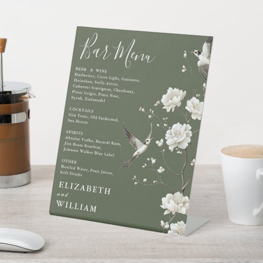 Olive Green Chinoiserie Blumenmenü Bar Hochzeit Sockelschild (In SItu)