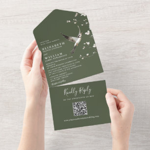 Olive Green Chinoiserie Floral QR Code Hochzeit All In One Einladung