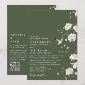 Olive Green Chinoiserie Floral QR Code Hochzeit Einladung (Vorne/Hinten)