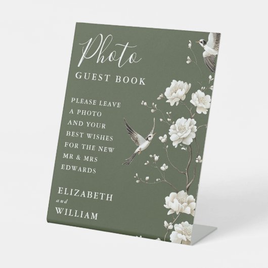 Olive Green Chinoiserie Foto Gästebuch Hochzeit Sockelschild (Vorderseite)