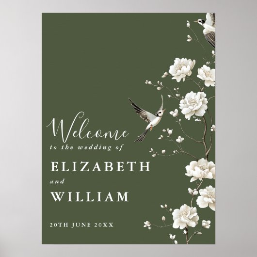 Olive Green Chinoiserie Hochzeit Begrüßungszeichen Poster (Vorne)