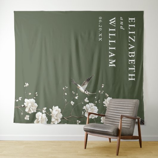 Olive Green Chinoiserie Hochzeitsfeier Foto Hinter Wandteppich (Beispiel (Horizontal))