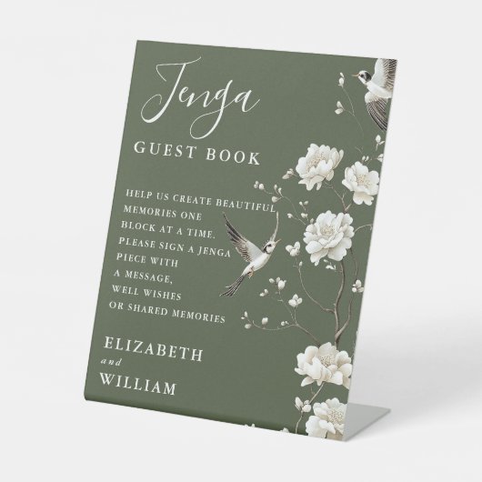 Olive Green Chinoiserie Jenga Gästebuch Hochzeit Sockelschild (Vorderseite)