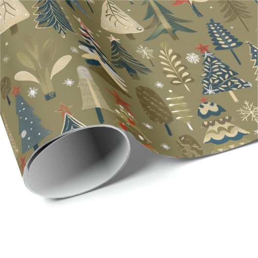 Olive Green Christmas Pattern W/ Bäume, Schnee Geschenkpapier (Rolleneckpunkt)