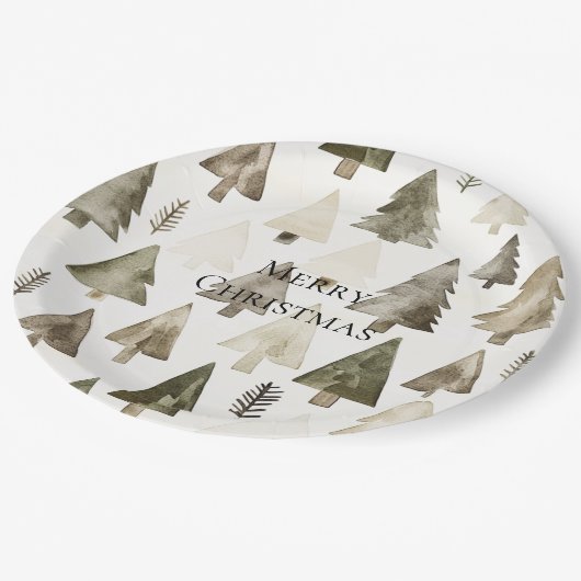 Olive Green Christmas Trees Pappteller (Schrägansicht)