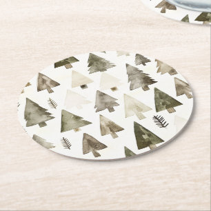 Olive Green Christmas Trees Runder Pappuntersetzer