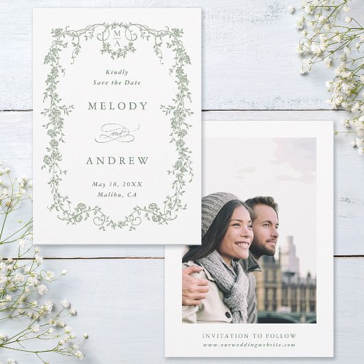 Olive Green Classic French Floral Wedding Foto Save The Date