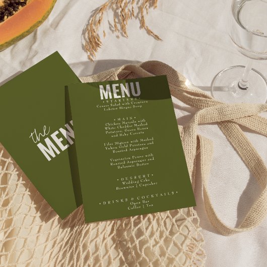 Olive Green Classy Bright Whimsical Wedding Menükarte