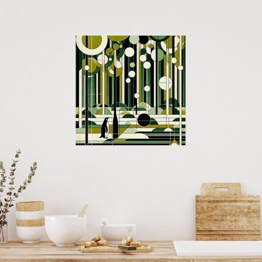 Olive Green Cream Geometric Pinguin Forest Retro Poster (Küche)