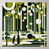 Olive Green Cream Geometric Pinguin Forest Retro Poster (Vorne)