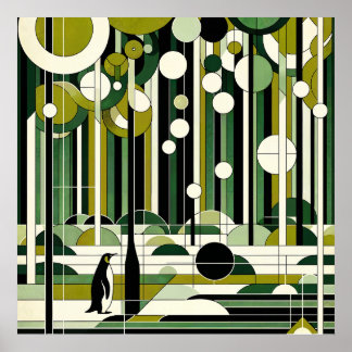 Olive Green Cream Geometric Pinguin Forest Retro Poster