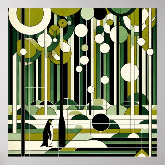 Olive Green Cream Geometric Pinguin Forest Retro Poster (Vorne)