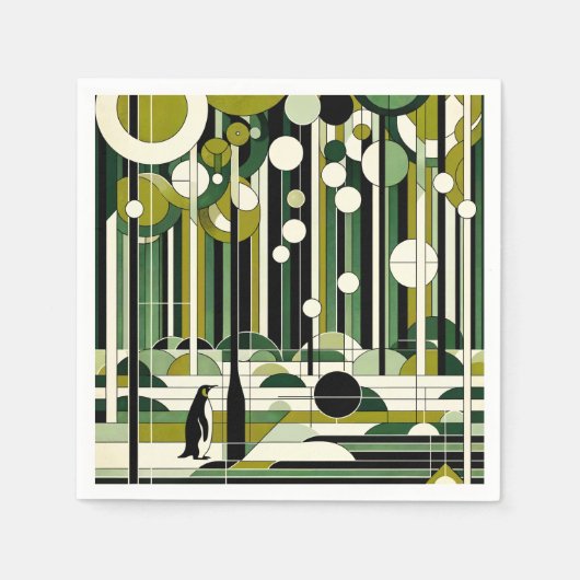 Olive Green Cream Geometric Pinguin Forest Retro Serviette (Vorderseite)