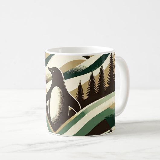 Ölive Green Cream Retro Art Deco Waves Pinguin Kaffeetasse (VorderseiteRechts)