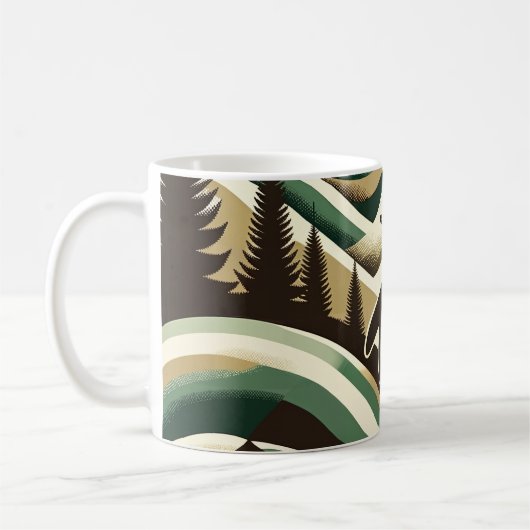 Ölive Green Cream Retro Art Deco Waves Pinguin Kaffeetasse (Links)