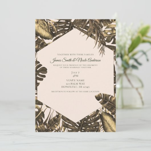 Olive Green & Cream Tropical Palm Blätter Hochzeit Einladung (Stehend Vorderseite)