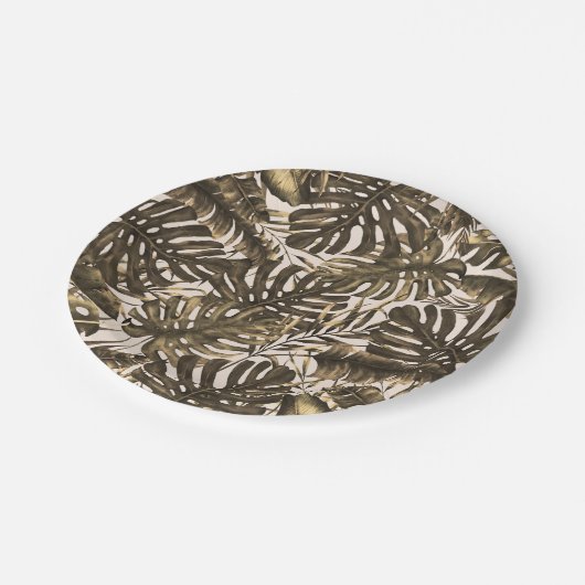 Olive Green & Cream Tropical Palm Blätter Hochzeit Pappteller (Schrägansicht)