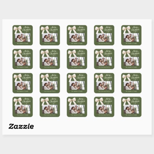 Olive green creme bow Foto script Quadratischer Aufkleber (Blatt)