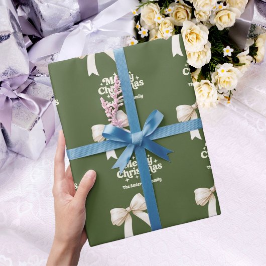 Olive green creme bow retro Weihnachten Geschenkpapier
