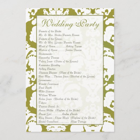 Olive Green Damask Hochzeitsprogramm Programm (Rückseite)