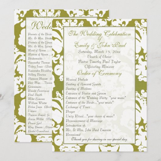 Olive Green Damask Hochzeitsprogramm Programm (Vorne/Hinten)