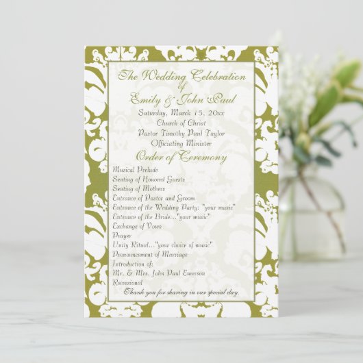 Olive Green Damask Hochzeitsprogramm Programm (Stehend Vorderseite)