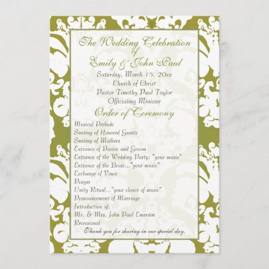Olive Green Damask Hochzeitsprogramm Programm (Vorderseite)
