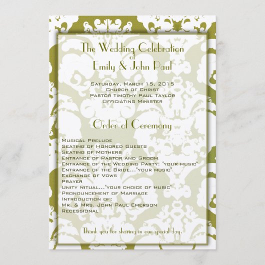 Olive Green Damask Hochzeitsprogramm Programm (Vorderseite)