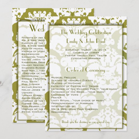 Olive Green Damask Hochzeitsprogramm Programm (Vorne/Hinten)