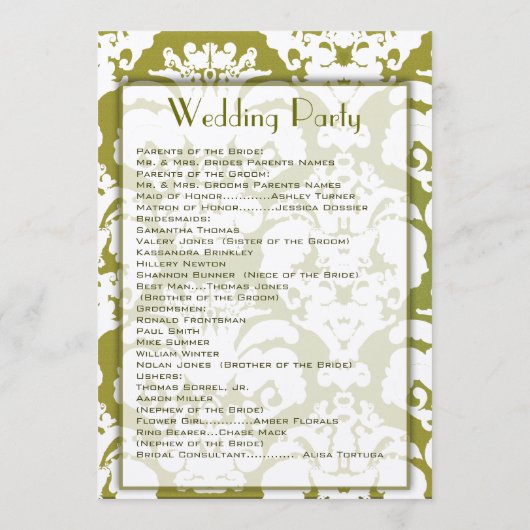 Olive Green Damask Hochzeitsprogramm Programm (Rückseite)