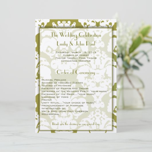 Olive Green Damask Hochzeitsprogramm Programm (Stehend Vorderseite)