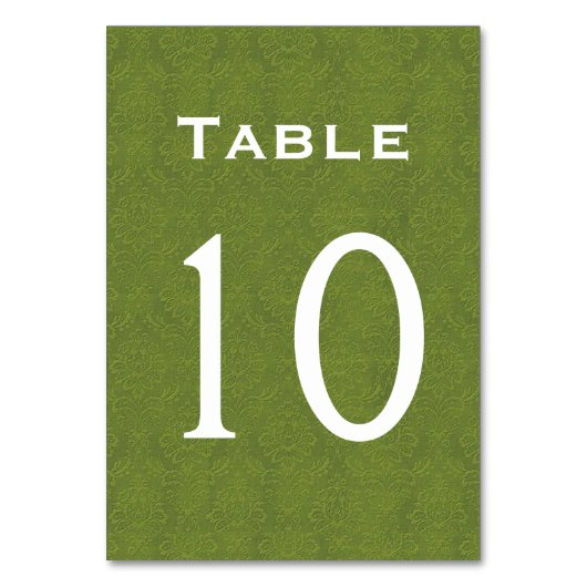 Olive Green Damask Wedding Tischnummer 10 (Vorderseite)