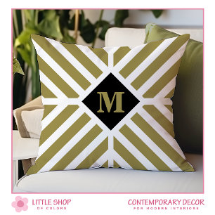 Olive Green Diagonal Stripes Monogramm Kissen