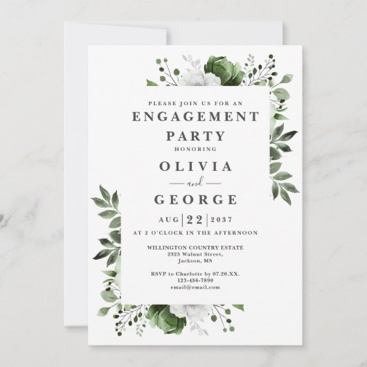 Olive Green Elegant Floral Engagement Party Einladung (Vorderseite)