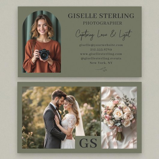 Olive Green Elegant Foto Script Beruflich Visitenkarte