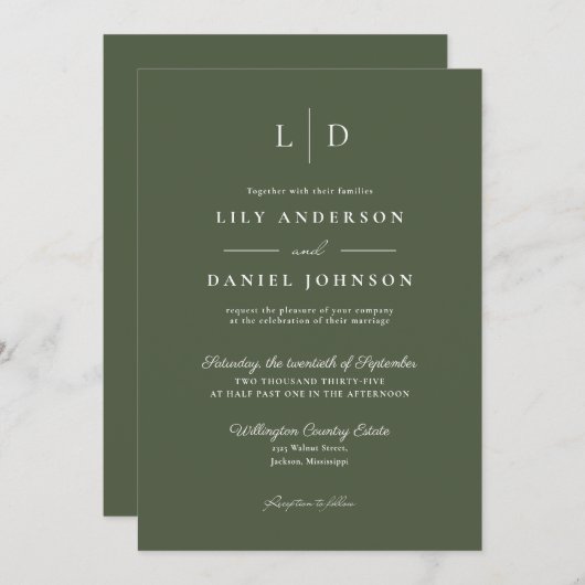 Olive Green Elegant Minimalistisch Monogram Weddin Einladung (Vorne/Hinten)