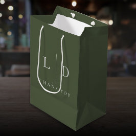 Olive Green Elegant Minimalistisch Monogram Weddin Mittlere Geschenktüte
