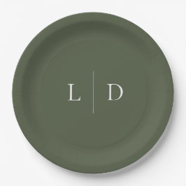 Olive Green Elegant Minimalistisch Monogram Weddin Pappteller
