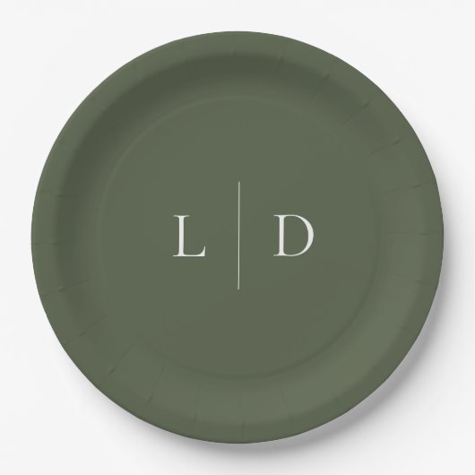 Olive Green Elegant Minimalistisch Monogram Weddin Pappteller (Vorderseite)