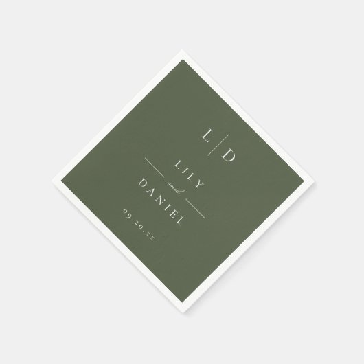 Olive Green Elegant Minimalistisch Monogram Weddin Serviette (Ecke)