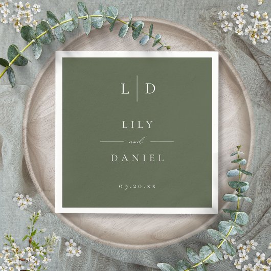 Olive Green Elegant Minimalistisch Monogram Weddin Serviette