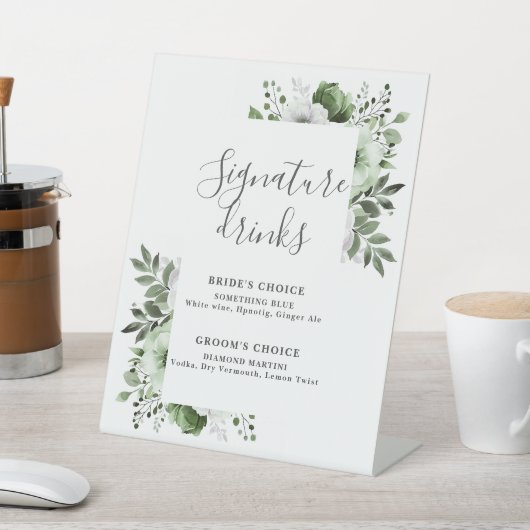 Olive Green Elegant Moderne Blumen Signature Drink Sockelschild (In SItu)