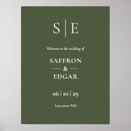 Olive Green Elegant Monogram Wedding Welcome Sign Poster