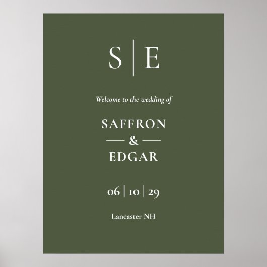 Olive Green Elegant Monogram Wedding Welcome Sign Poster (Vorne)