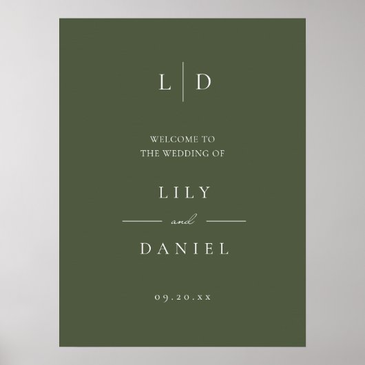 Olive Green Elegant Monogram Wedding Welcome Sign Poster (Vorne)