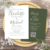 Olive Green Elegant Script QR Code Hochzeit Einladung