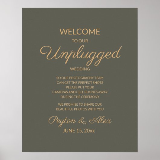 Olive Green Elegant Script unplugged Wedding Sign Poster (Vorne)