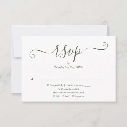 Olive Green Elegant Script Wedding RSVP Karte (Vorderseite)