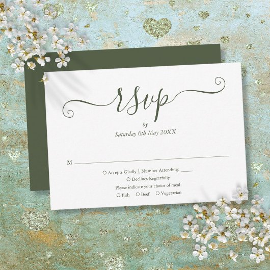 Olive Green Elegant Script Wedding RSVP Karte