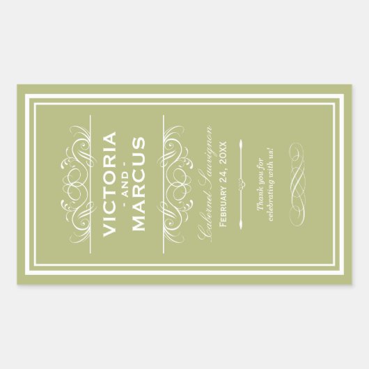 Olive Green Elegant Wedding Monogram Wine Flasche Rechteckiger Aufkleber (Vorderseite)